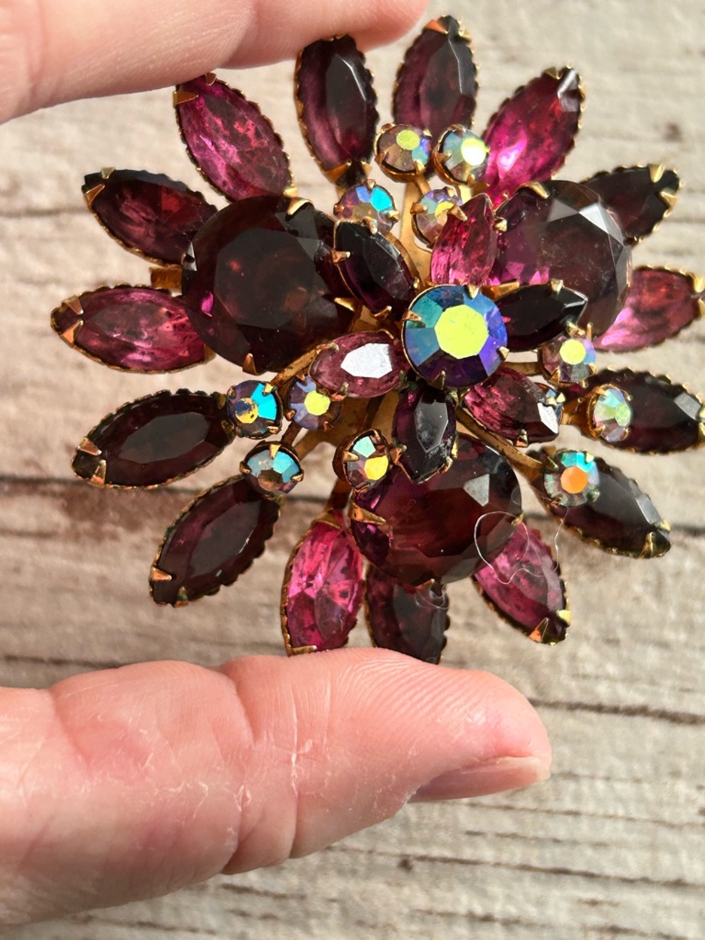 Gold-Tone Pink Crystal Floral Brooch - Pink Rhinestone Flower Pin - Picture 3 of 6